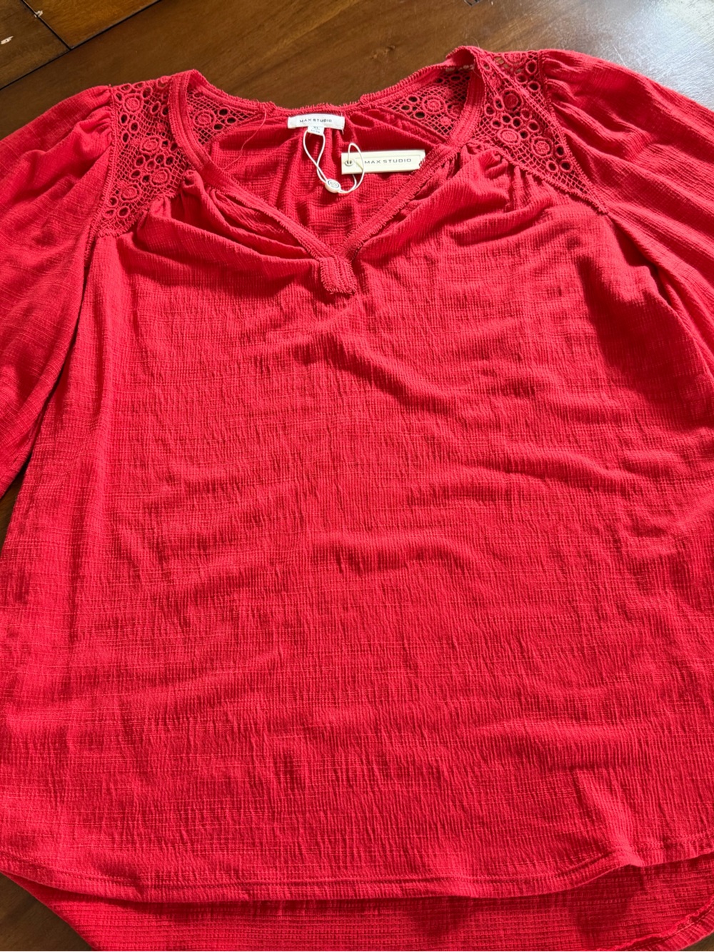 Max Studio Red V-Neck Blouse with Crochet Shoulders NWT